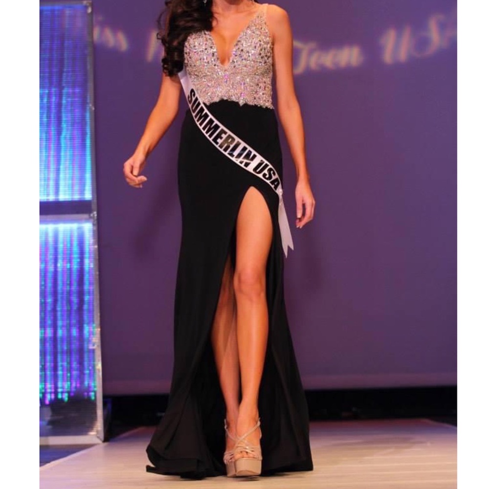 JVN black low back high slit gown